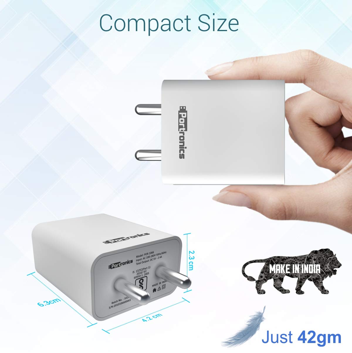 Portronics Adapto 66 2.4 A Charger with Dual USB Ports - White 1.0 Piece
