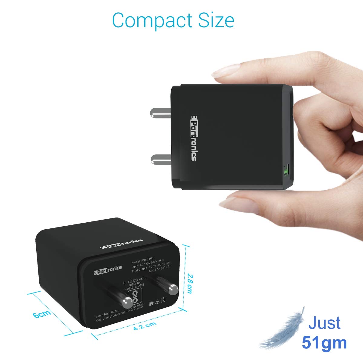 Portronics Adapto One ( With Type C Cable) 3.0A Single Port Adapter With Quick Charge - Black 1.0 unit