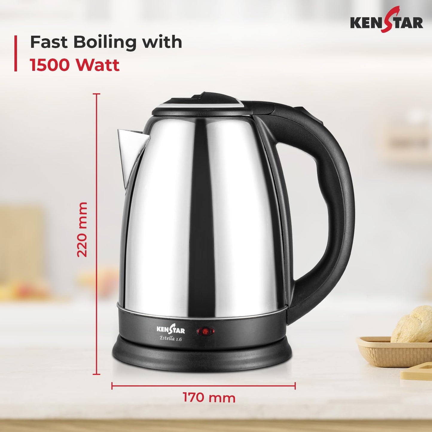 Kenstar Estella Electric Kettle, 1.6L, Stainless Steel, Auto Shut off, rotatble base 1.0 pack