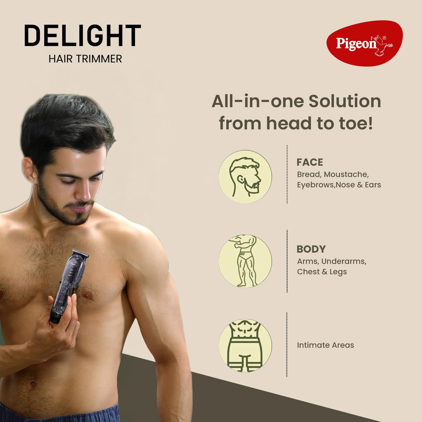 Pigeon Delight Battery Powered Beard Trimmer for Men|Carbon Sharp| Durable | USB C type Charging | 2 Years Warranty 1.0 Piece