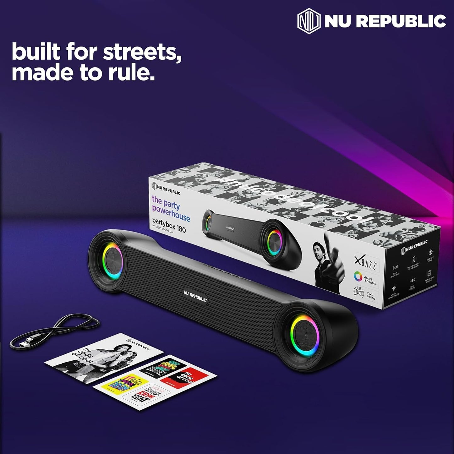 Nu Republic Partybox 180 with 18W Output, Upto 6 Hrs Playtime, 52mm Dynamic Driver, Vibrant RGB Light Bluetooth Soundbar (Black)