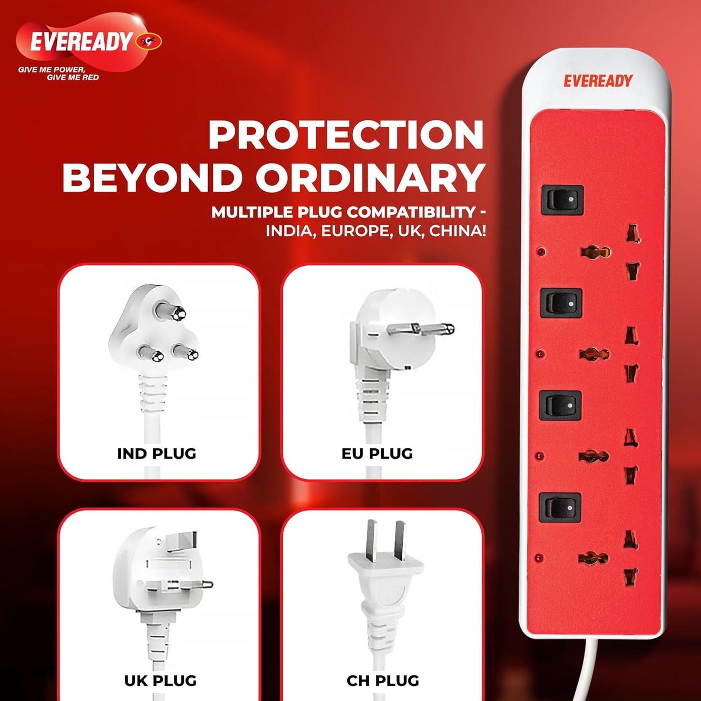 Eveready Spike Guard Multiple Sockets, Surge Protection for Reliable Performance, 3 Sockets, 4m(White and Red) 1.0 unit