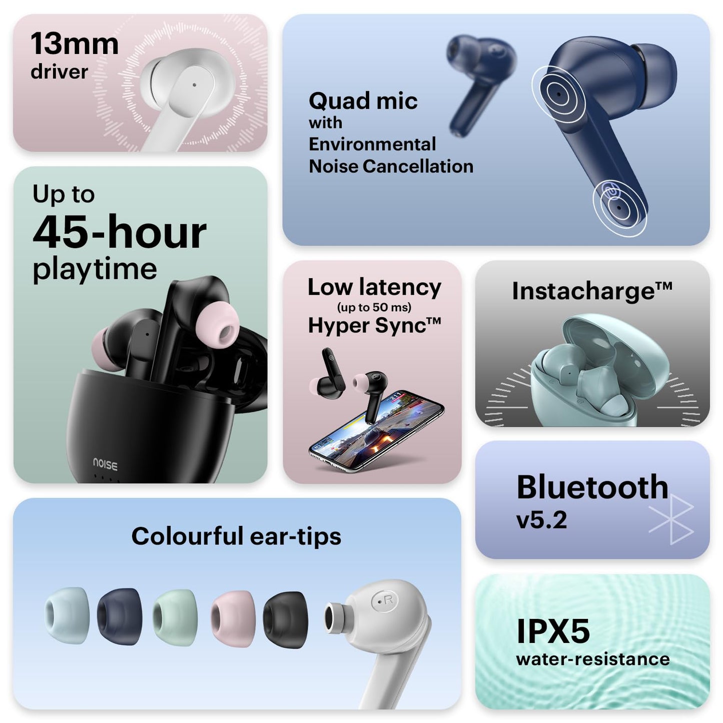 Noise Buds VS104 In-Ear Truly Wireless Earbuds With Mic, 45 Hrs Playtime, ENC, IPX5, Bluetooth v5.2 (Charcoal Black) 1.0 Piece