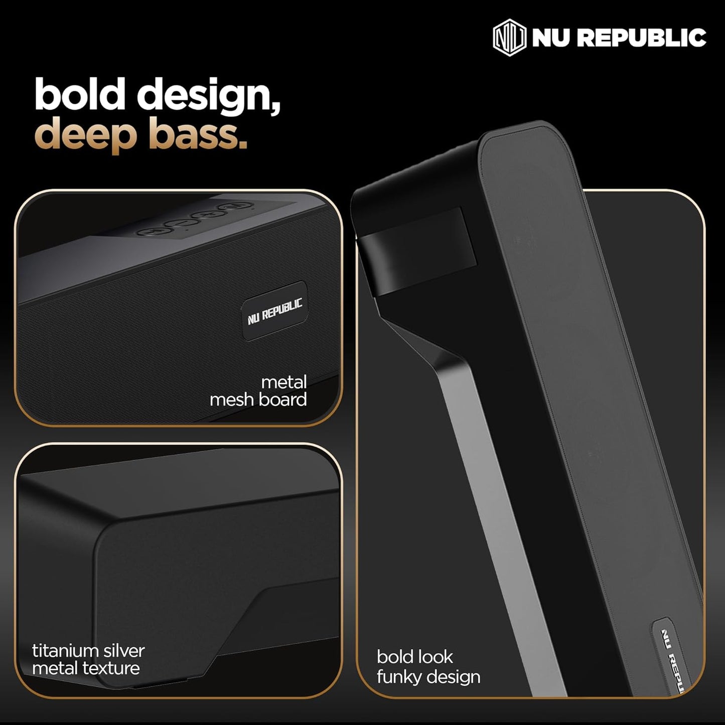 Nu Republic Soundbar 20 (20W, 12 Hrs Playtime), Wireless Bluetooth Soundbar with Mic v5.3 (Black) 1.0 unit