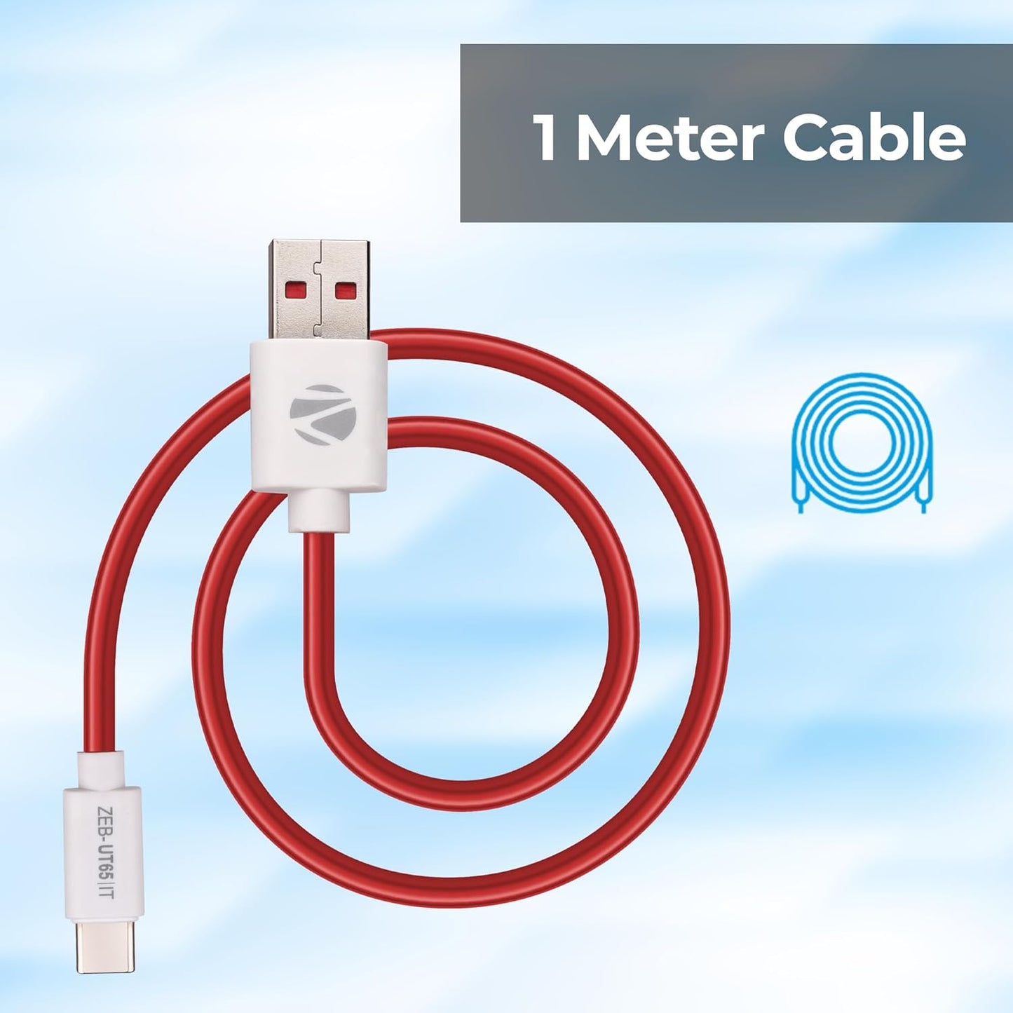 Zebronics UT65 USB to Type C Charging Cable, 65W, 6.5 A Fast Charging (Red & White) 1.0 unit