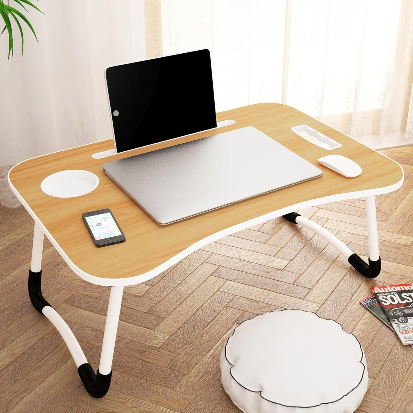 Story@Home Laptop Table with Dock Stand Wood Smart Standard Multi-Purpose Solid/Study Table/Bed Table/Foldable and Portable/Ergonomic & Rounded Edges/Non-Slip Legs/Engineered (Walnut)