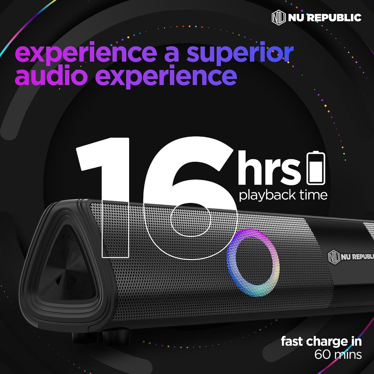 Nu Republic Party Box 20 (20W, 16 Hrs Playtime), Wireless Bluetooth Speaker with Mic v5.3, RGB Light (Black) 1.0 unit