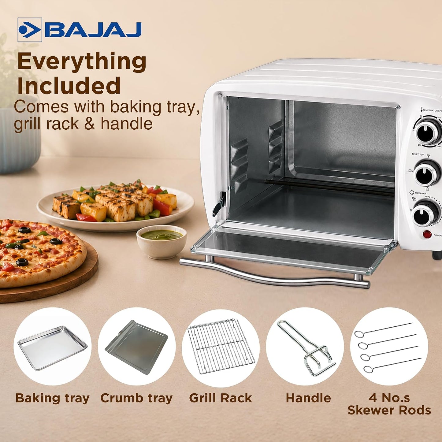 Bajaj 1603 16 ltr Oven Toaster Griller | 1200 W | Oven for Kitchen with Transparent Glass Door | White 1.0 unit
