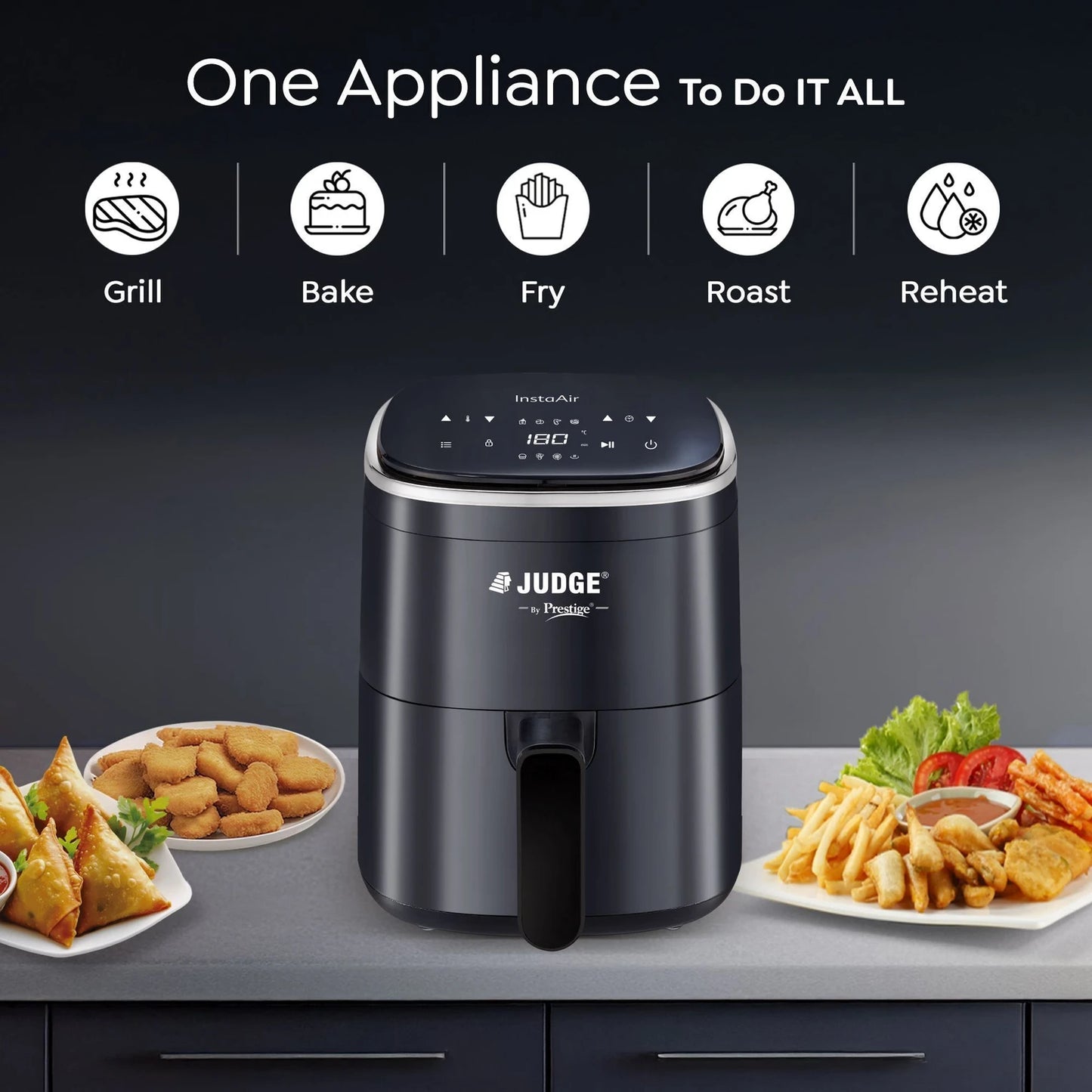 Judge by Prestige InstaAir Digital Air Fryer| 4.0L Capacity| 1200 Watts| Air Fry, Grill, Roast, Bake | Digital Display with 8 Preset Menu| Black 1.0 Piece