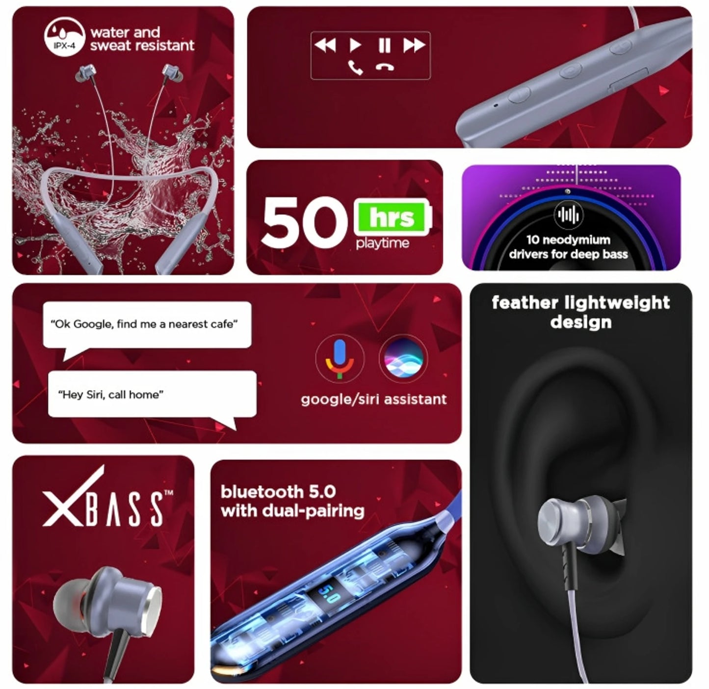 Nu Republic Pulse In-Ear Bluetooth Neckband With Mic, 50 Hrs Playtime, PNC, IPX4, Bluetooth v5.0 (Blue) 1.0 unit