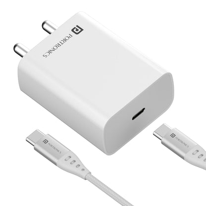 Portronics Adapto 25 Pro 25W Wall Charger With Type C To Type C Cable - White