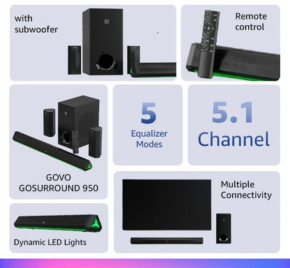 GOVO GOSURROUND 950 Soundbar, 280W, Bluetooth v5.3 (Platinum Black) 1.0 unit
