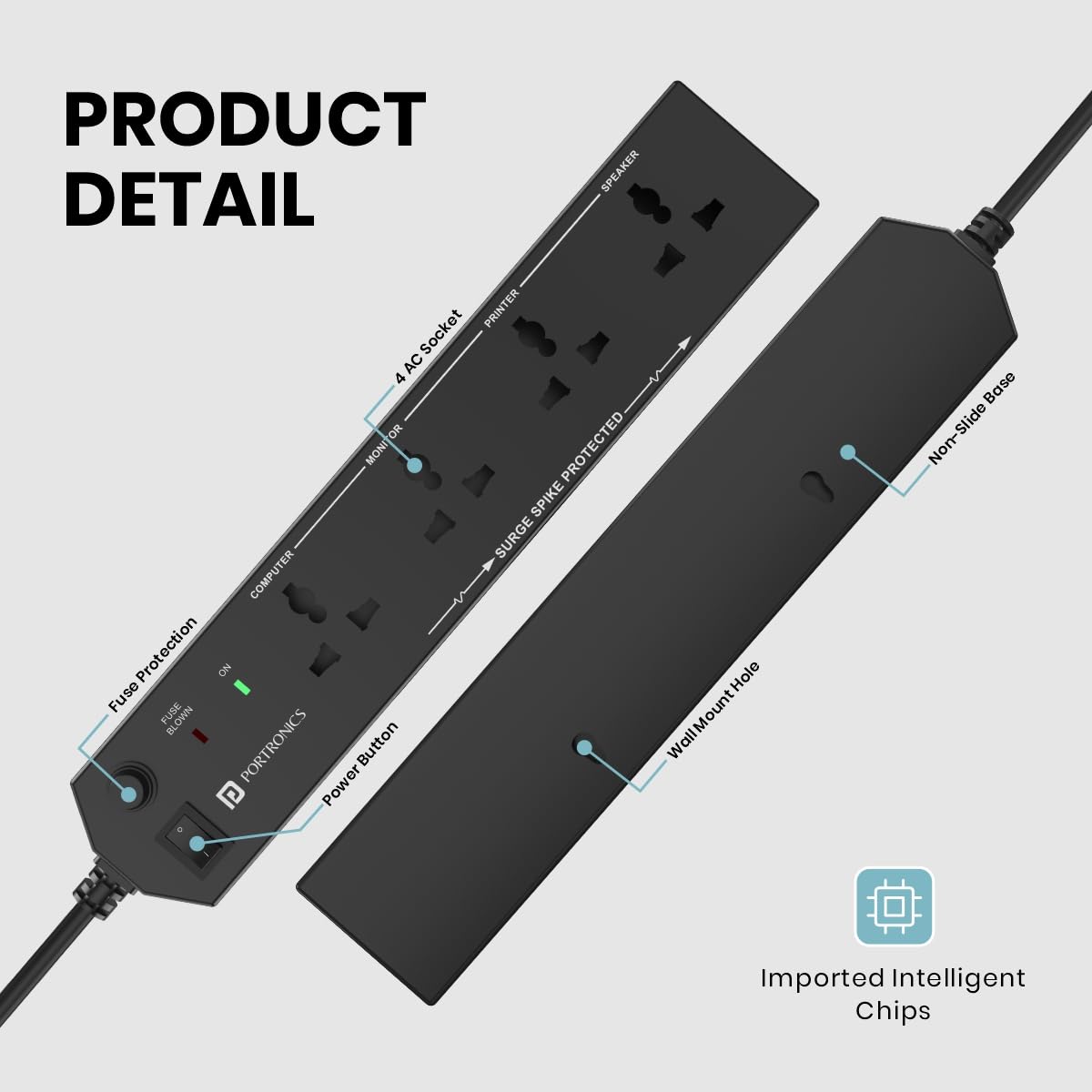 Portronics Power Plate 10 Extension Board with 4 Universal Sockets, 2 Meter Long Cord, 1500 Watts, 6 Amp Multi Plug for Office & Home Appliances - Black 1.0 Piece