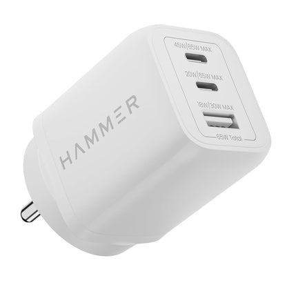 Hammer 65W GaN Charger, Fast Charging Adapter, 2 Years Warranty, 0 to 55% in 30 mins, Supports iPhones, Samsung Android Phones, Laptops, MacBooks 1.0 Piece