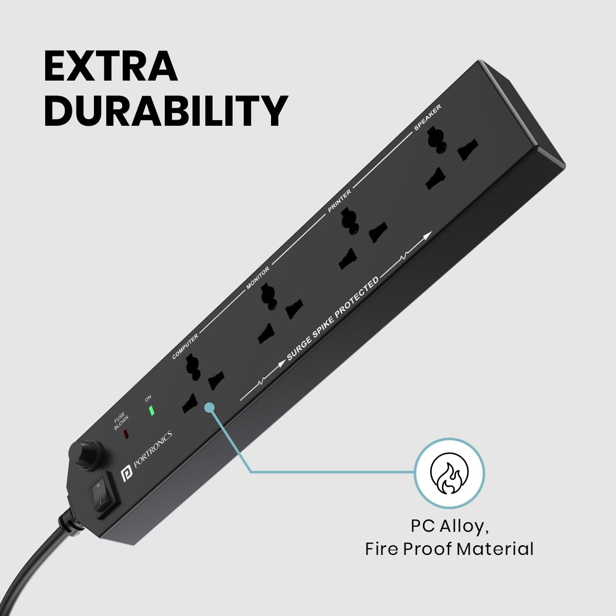 Portronics Power Plate 10 Extension Board with 4 Universal Sockets, 2 Meter Long Cord, 1500 Watts, 6 Amp Multi Plug for Office & Home Appliances - Black 1.0 Piece