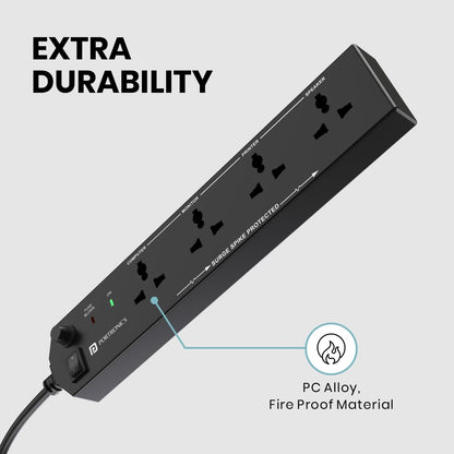 Portronics Power Plate 10 Extension Board with 4 Universal Sockets, 2 Meter Long Cord, 1500 Watts, 6 Amp Multi Plug for Office & Home Appliances - Black 1.0 Piece