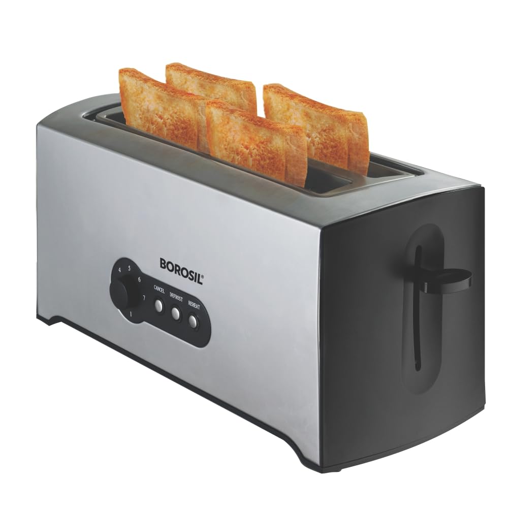 Borosil 1500W Krispy Pop-up Toaster | 4 Slice Automatic Pop up | Toasting, Reheating & Defrosting Options | Removable Bread Crumb Tray | 7 Temprature Settings | Cord Winder | 2 Years Warrant