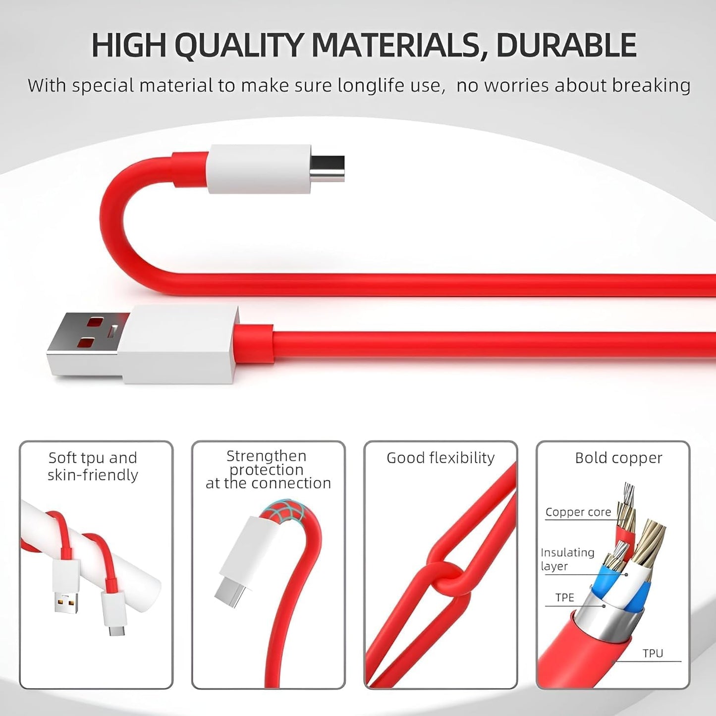 Sounce 80W Fast Charging USB to Type C SuperVooc/Dash Cable for Oneplus & All Series , Red 1.0 Piece