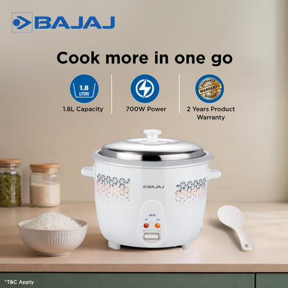 Bajaj 1.8L 700W DLX Rice Cooker Stainless Steel (White) 1.0 unit