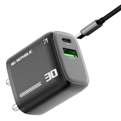 Nu Republic Cybotron 30W GaN Superfast Wall Charger with Type-C To Type-C Cable (Black) 1.0 Piece