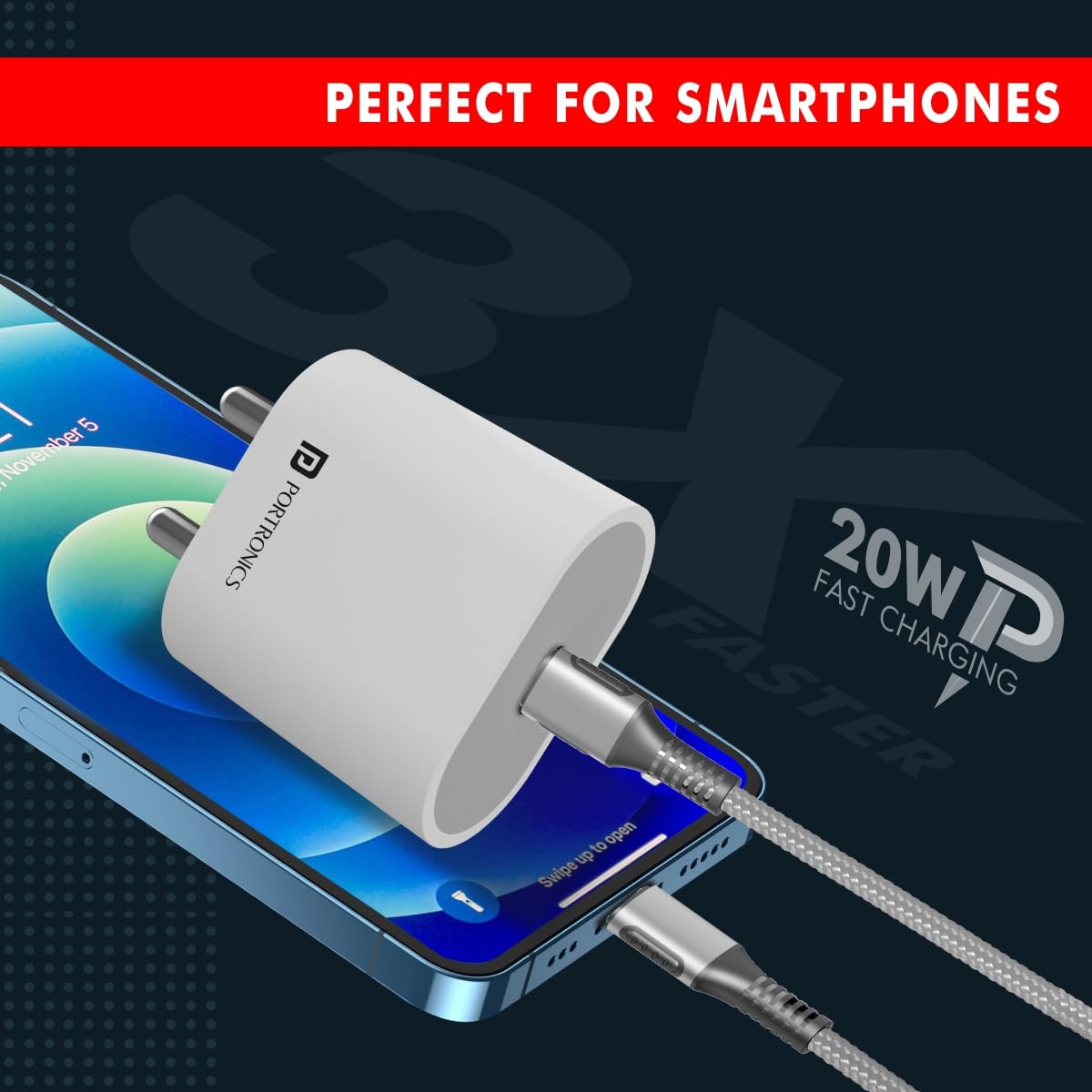 Portronics Adapto 20 20W Type-C Charger With Fast Charging - White 1.0 unit