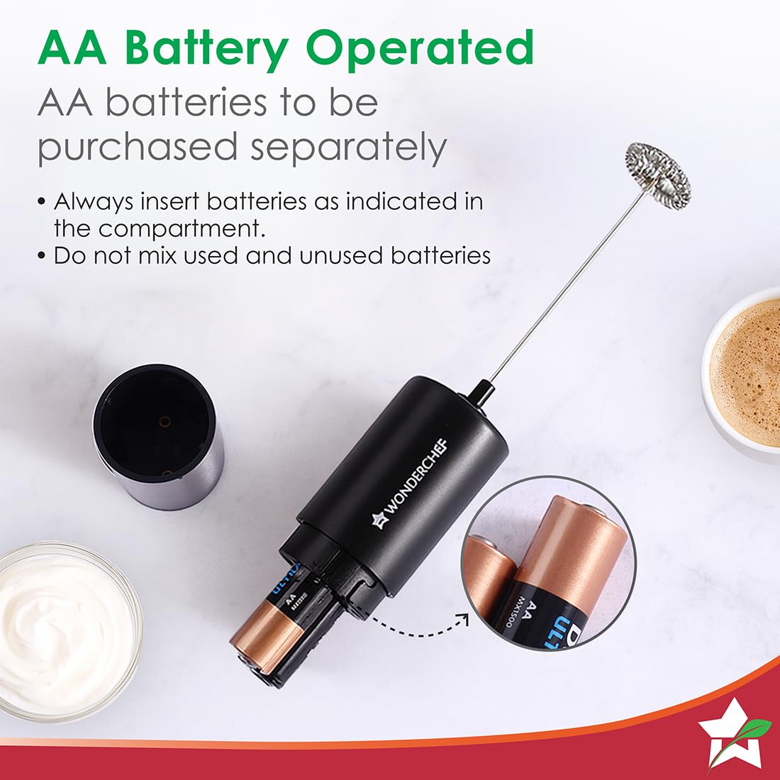 Wonderchef Regalia 6W Milk Frother for Coffee - Handheld Battery-Operated for Coffee, Lattes, Lemonade, Hot Chocolates and Shakes - Black