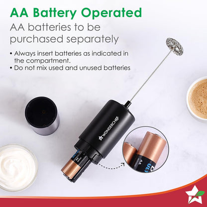 Wonderchef Regalia 6W Milk Frother for Coffee - Handheld Battery-Operated for Coffee, Lattes, Lemonade, Hot Chocolates and Shakes - Black