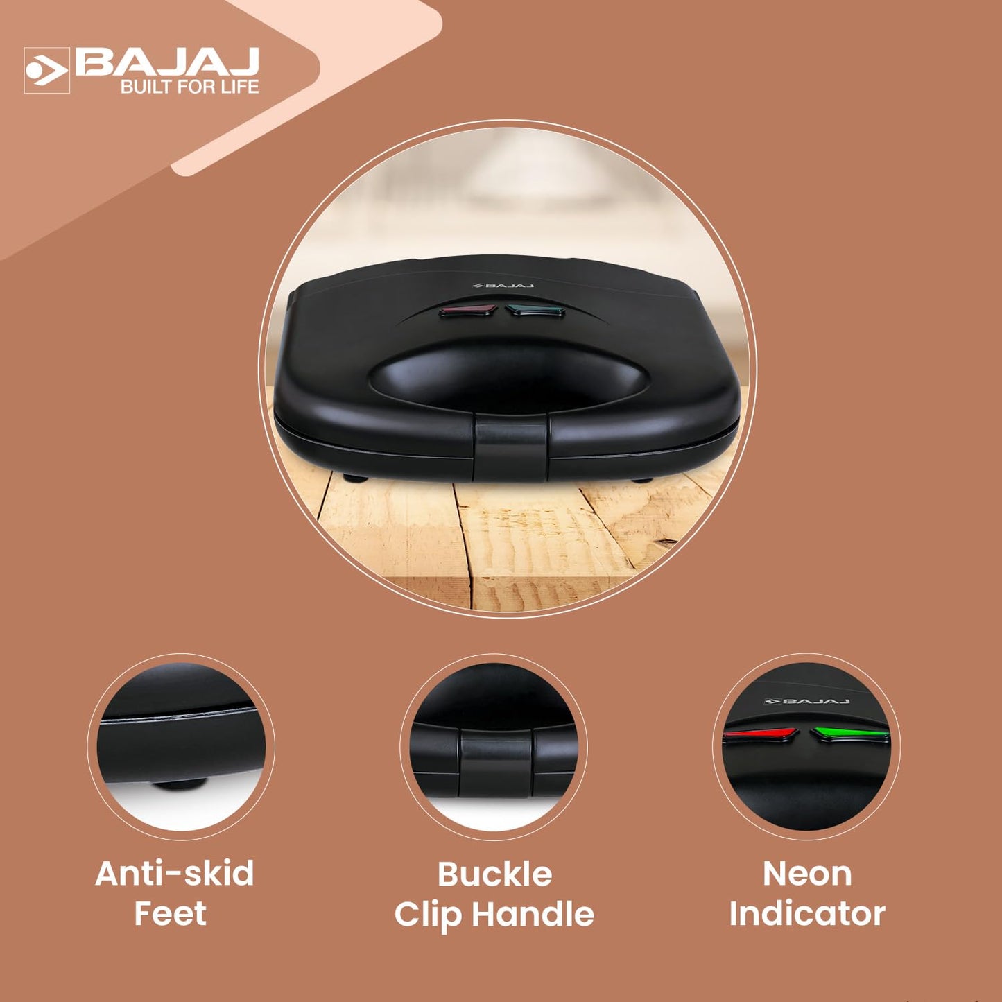 Bajaj SWX 3 Deluxe 800W 2-Slice Sandwich Toaster with Toast Plates | Non-Stick Coated Plates | Upright Compact Storage | Buckle Clip Handle | 2-Yr Warranty by Bajaj 【Black】