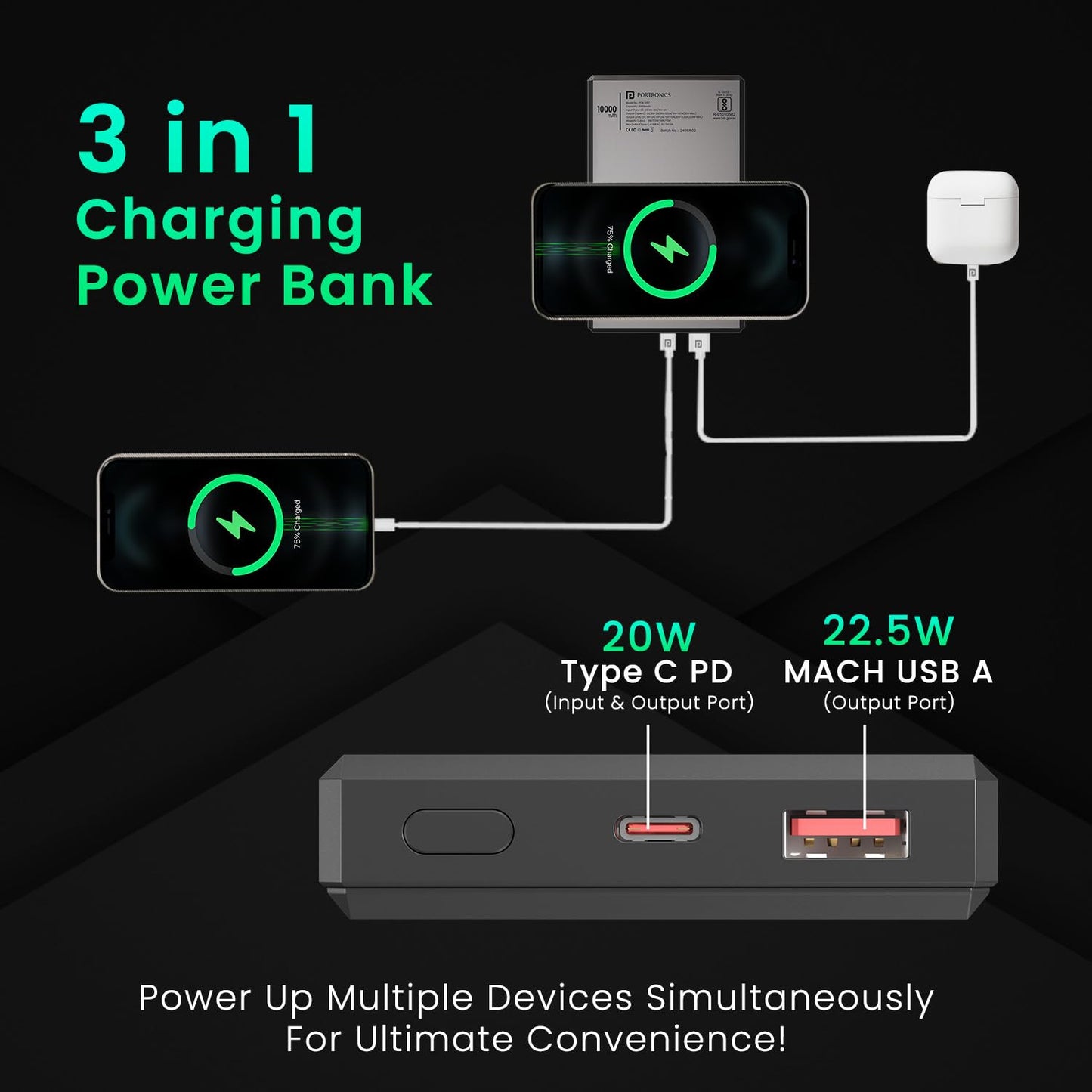 Portronics Luxcell Magclick 10K 15W Magnetic 10000mAh Wireless Power Bank - Dark Grey 1.0 unit