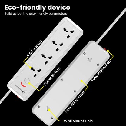 Portronics Power Plate 11 4 Power Sockets Power Converter with 3 M Long Power Cable - White 1.0 Piece
