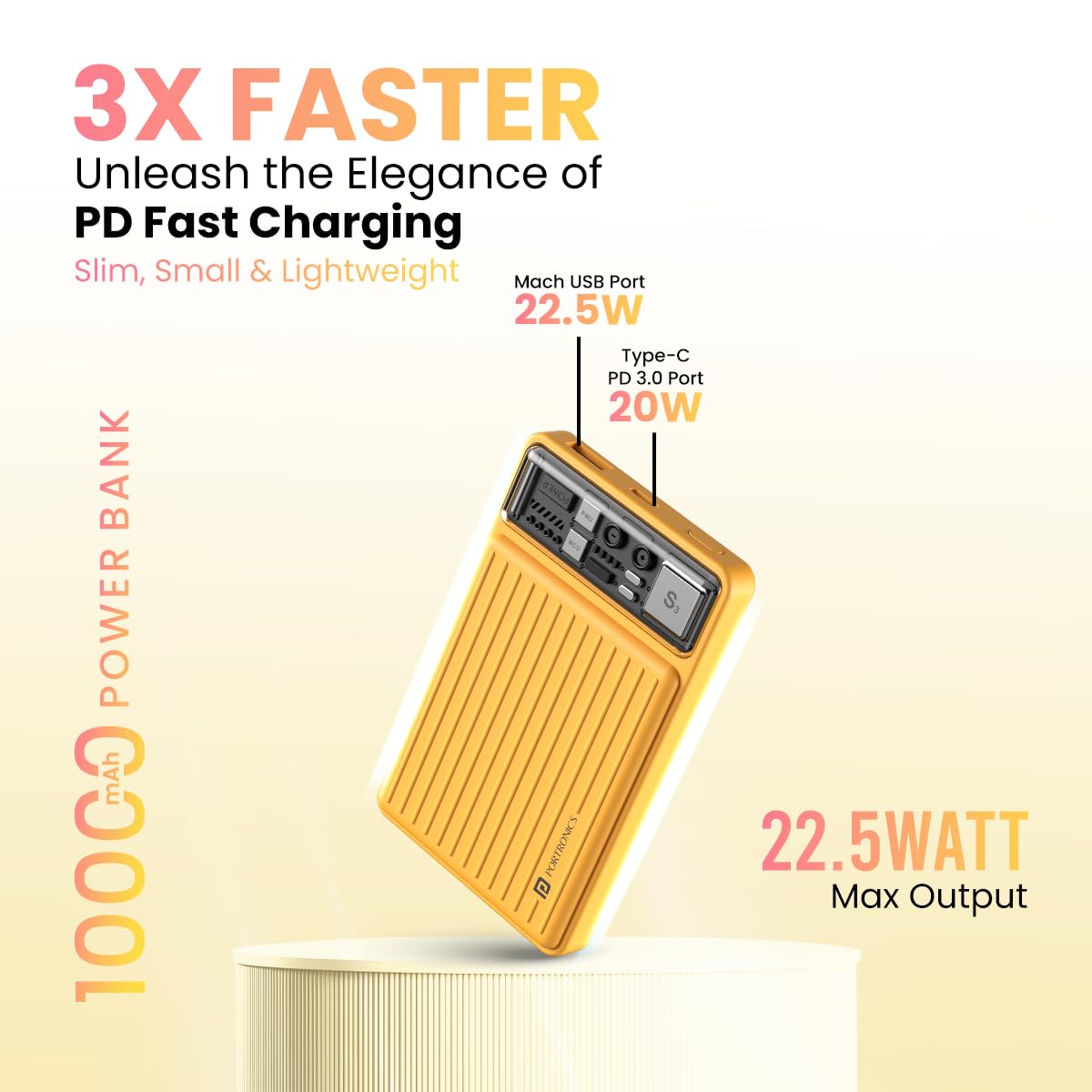 Portronics Luxcell Mini 10K 10000mAH Power Bank with Dual Output (Type C+ USB) - Yellow 1.0 unit