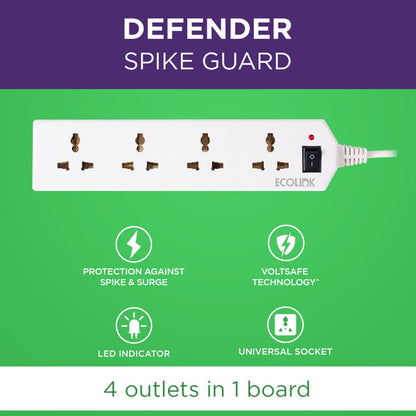 Ecolink 4-Way Surge Guard with 4 Sockets, Plastic Body 1.5m (White) 1.0 unit