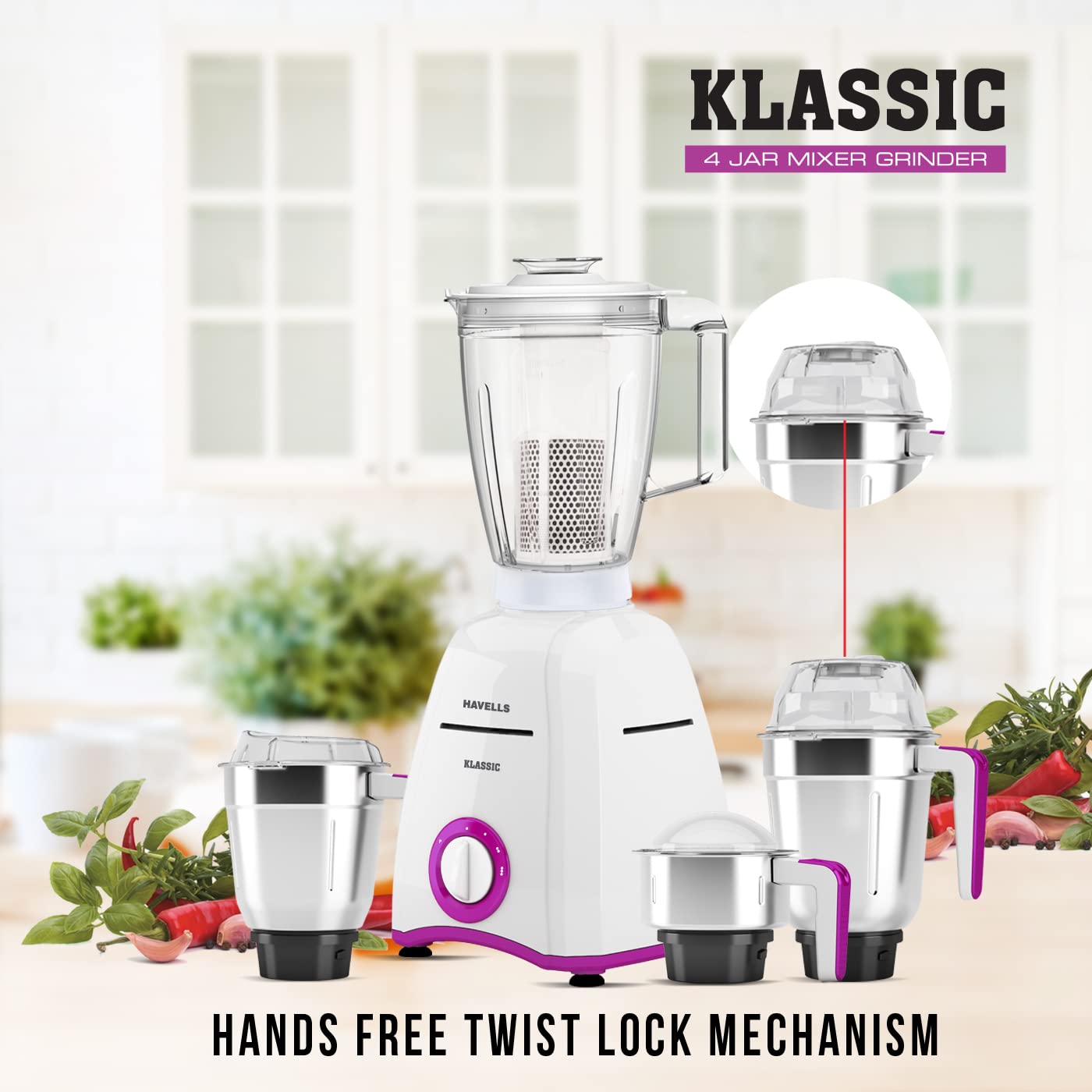Havells Klassic Mixer Grinder, 4 Jars, 750W, Stainless Steel (Black) 1.0 unit