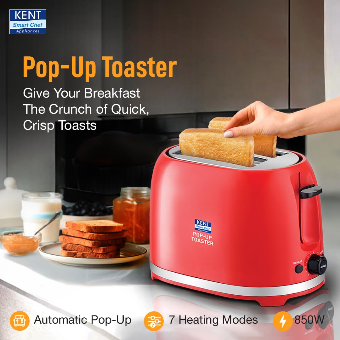 KENT Pop Up Toaster 850 Watts|2 Slice Automatic Pop Up|Cool Touch Body|7 Browning Modes|Reheat Function|Removable Bread Crumb Tray|Cord Storage Under Base|Red