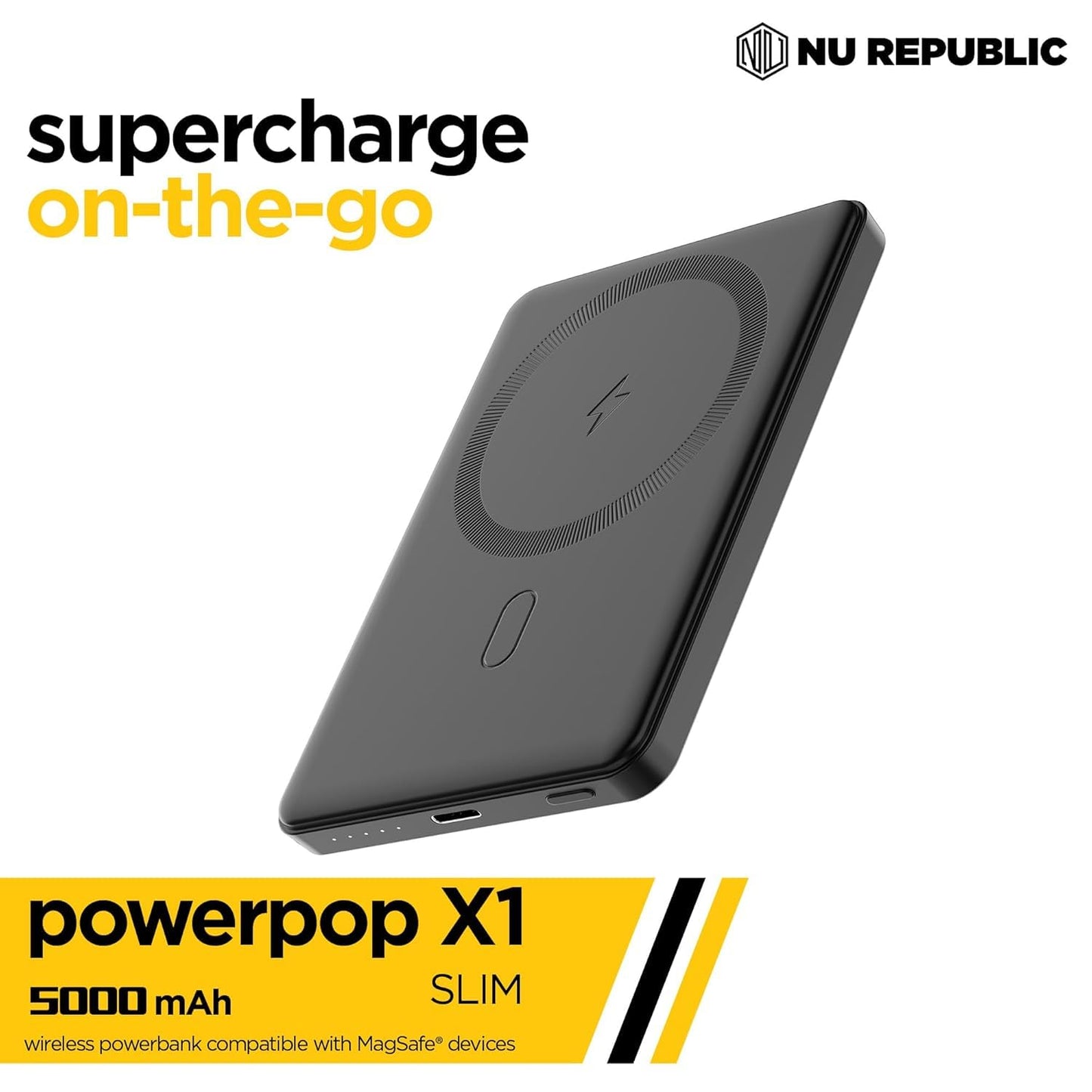 Nu Republic Magsafe Powerpop X1 Wireless Slim Power Bank Compatible with Fast Charging, 5000 mAh (Black) 1.0 Piece