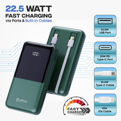pTron Dynamo Power 20000mAh 22.5W Super Fast Charging Power Bank & LED Battery Display (Green) 1.0 Piece