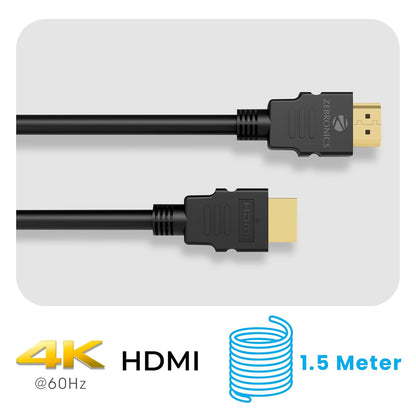 Zebronics HAA1520 HDMI Cable, 1.5m Length, Gold Plated Connectors, Supports 3D, 4K, ARC (Black) 1.0 unit
