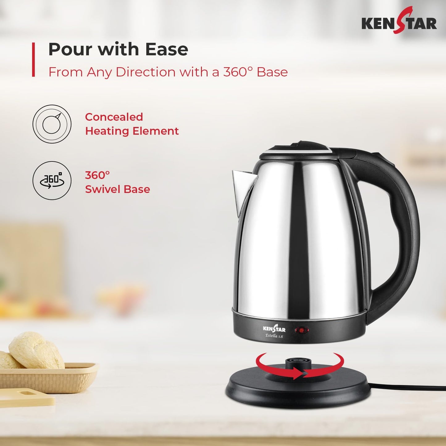 Kenstar Estella Electric Kettle, 1.6L, Stainless Steel, Auto Shut off, rotatble base 1.0 pack