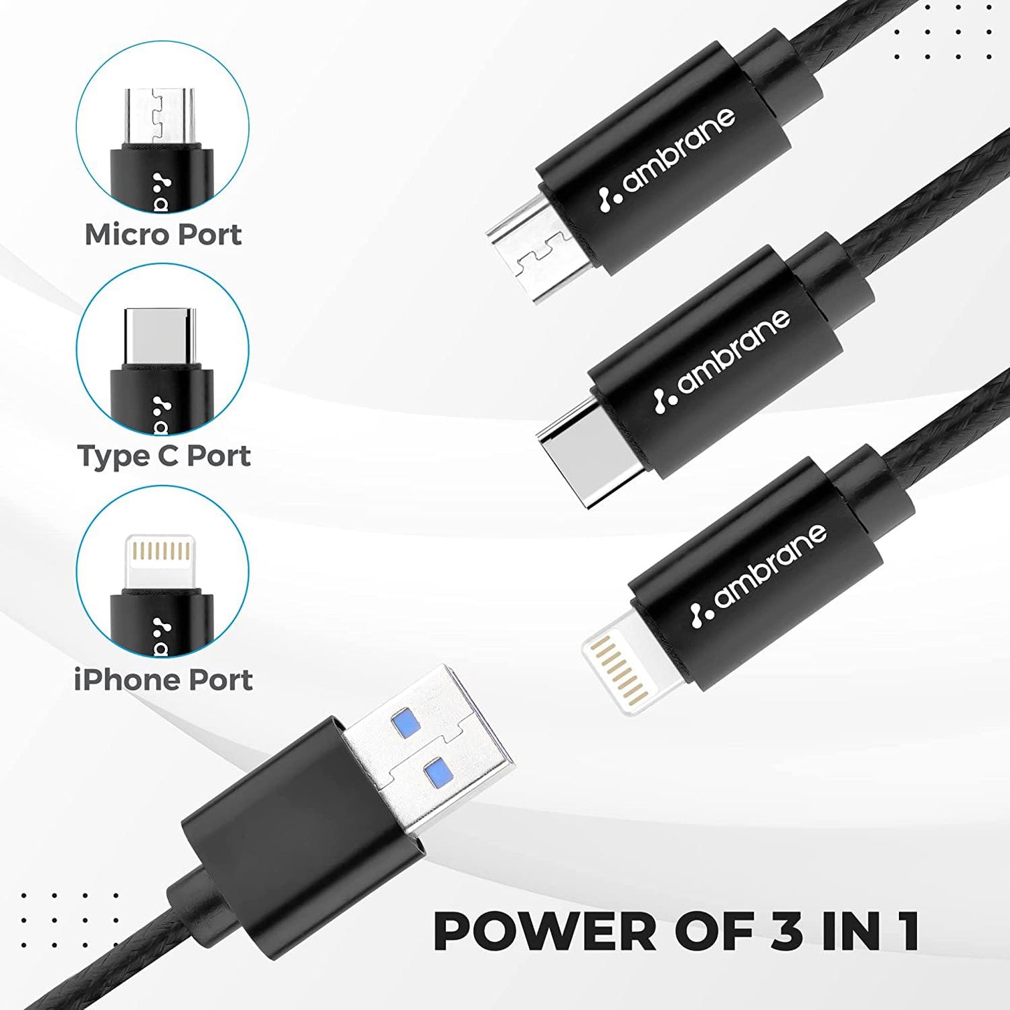Ambrane 3in1 USB Fast Charging Cable with Type C, Lightning, Micro USB Port with 2.1A (Trio-11, Black) 1.0 unit