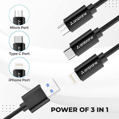 Ambrane 3in1 USB Fast Charging Cable with Type C, Lightning, Micro USB Port with 2.1A (Trio-11, Black) 1.0 unit