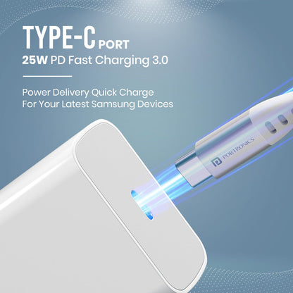 Portronics Adapto 25 Pro 25W Wall Charger With Type C To Type C Cable - White