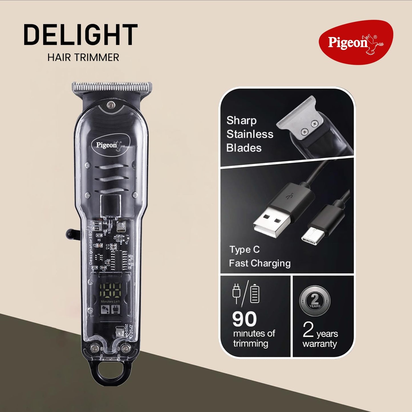 Pigeon Delight Battery Powered Beard Trimmer for Men|Carbon Sharp| Durable | USB C type Charging | 2 Years Warranty 1.0 Piece