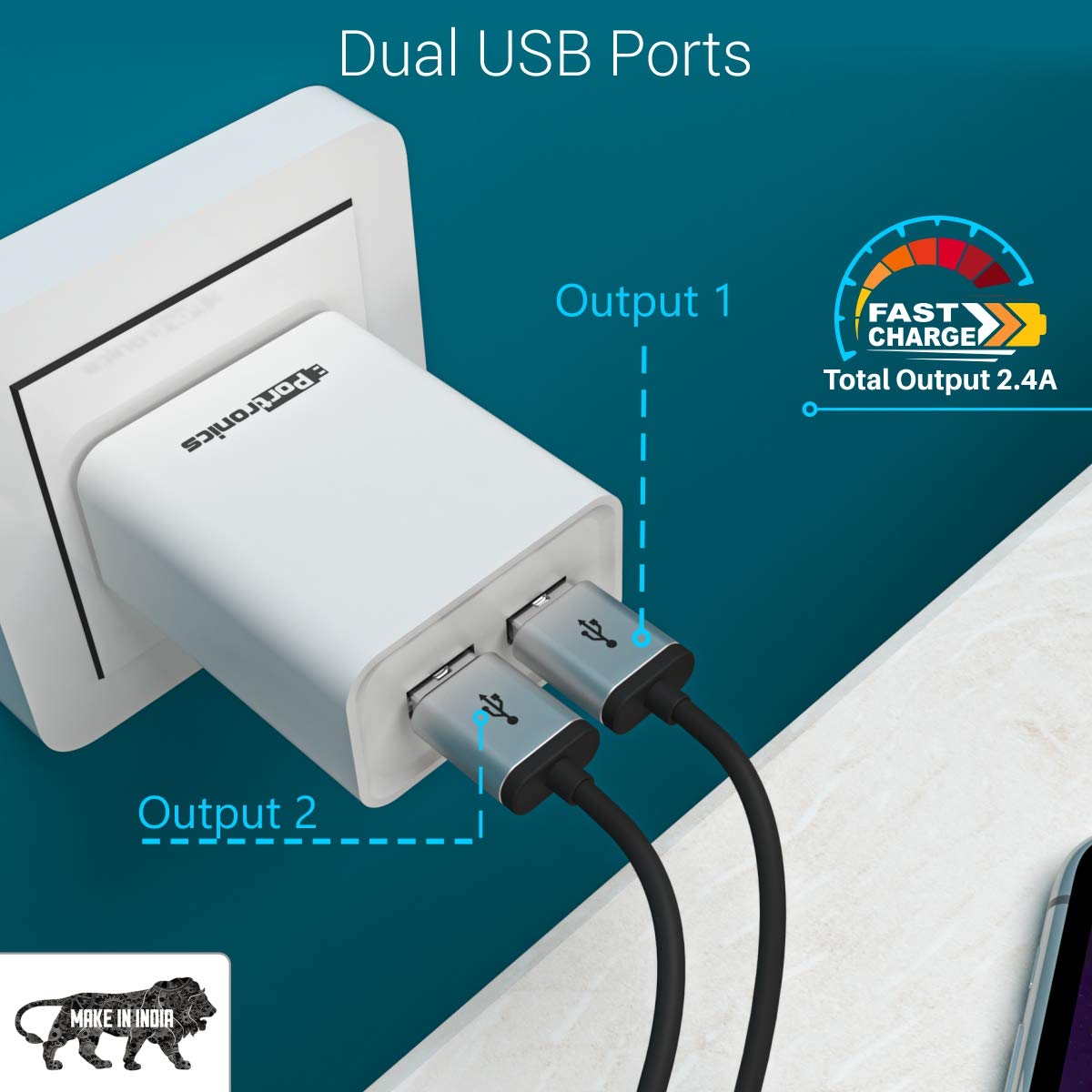 Portronics Adapto 66 2.4 A Charger with Dual USB Ports - White 1.0 Piece