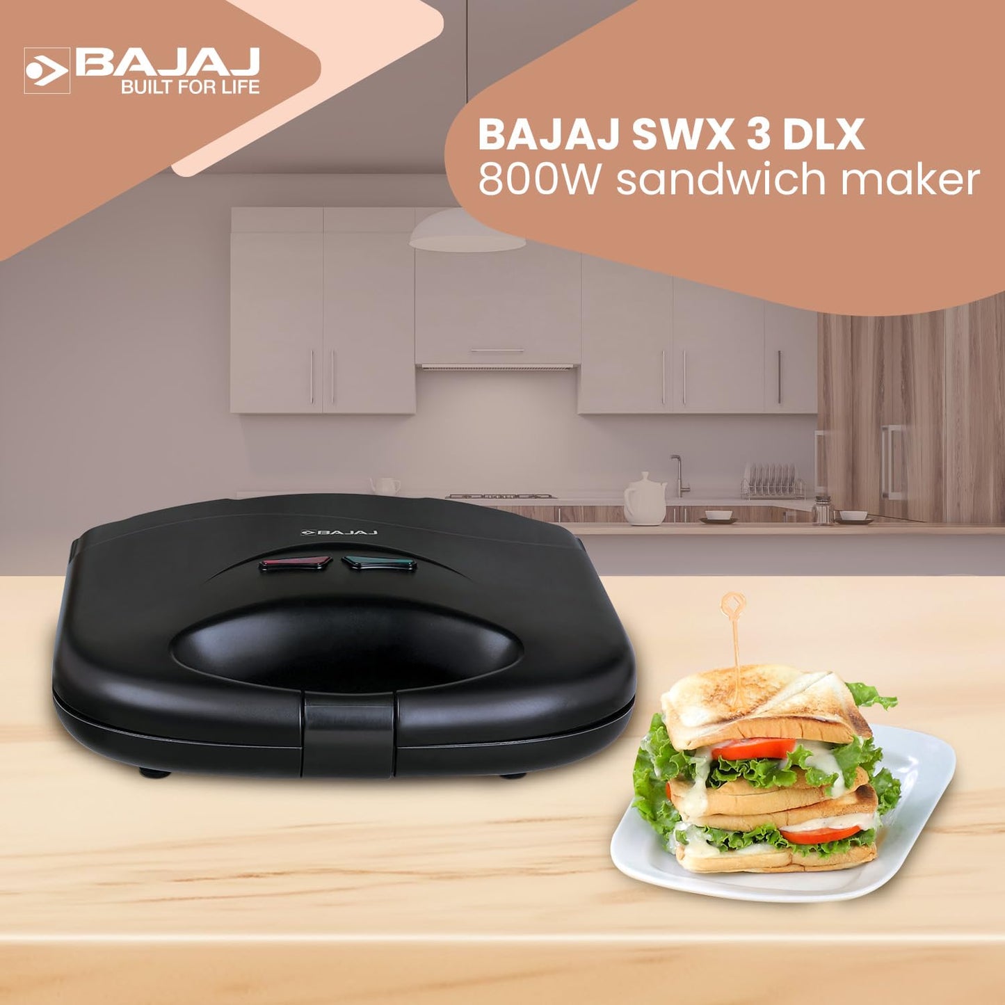 Bajaj SWX 3 Deluxe 800W 2-Slice Sandwich Toaster with Toast Plates | Non-Stick Coated Plates | Upright Compact Storage | Buckle Clip Handle | 2-Yr Warranty by Bajaj 【Black】