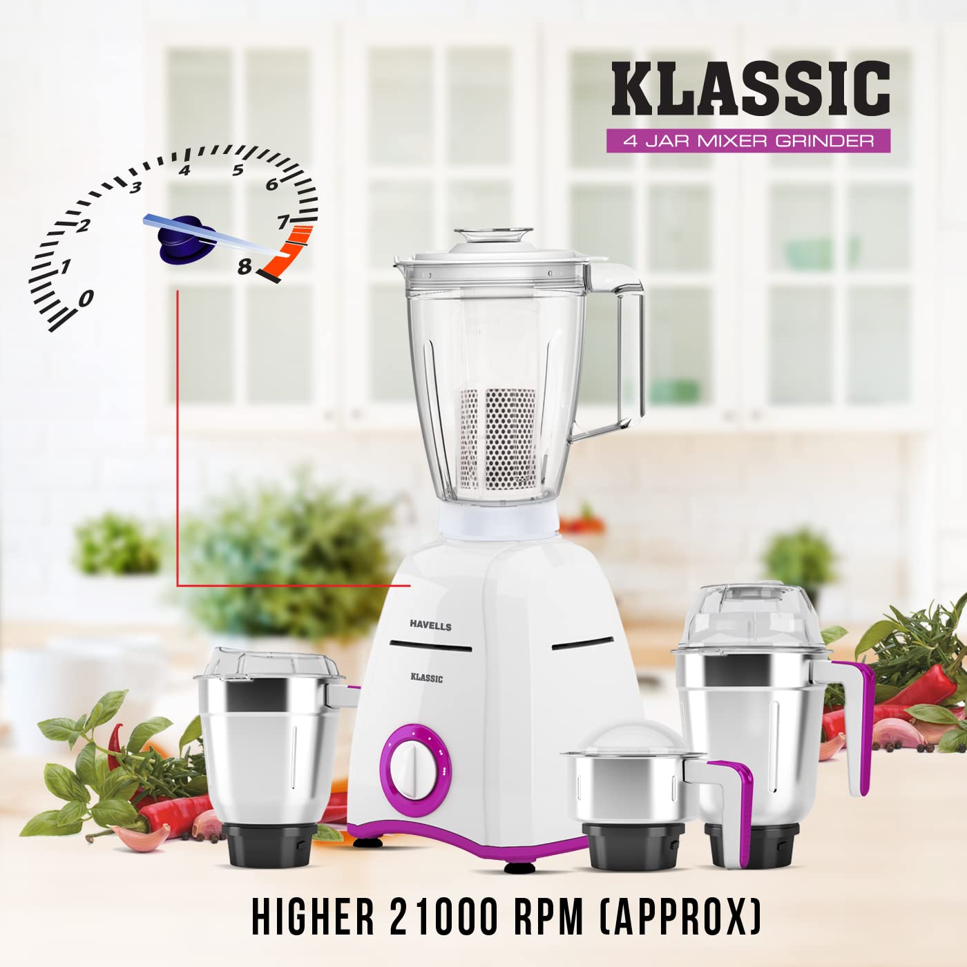 Havells Klassic Mixer Grinder, 4 Jars, 750W, Stainless Steel (Black) 1.0 unit