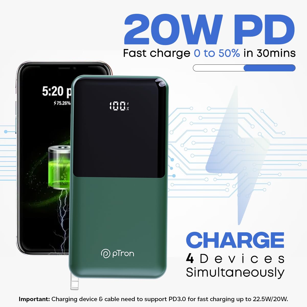 pTron Dynamo Power 20000mAh 22.5W Super Fast Charging Power Bank & LED Battery Display (Green) 1.0 Piece