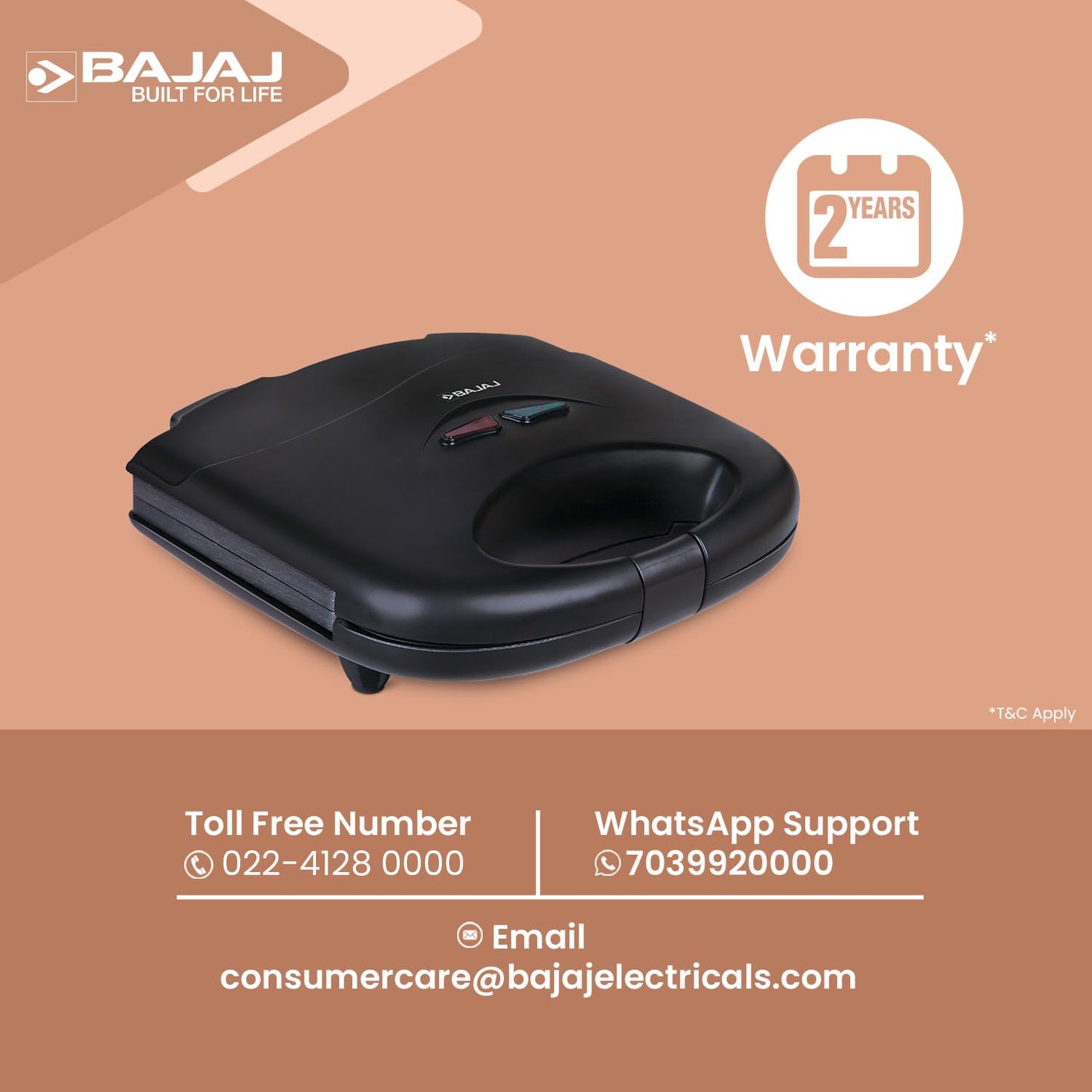 Bajaj SWX 3 Deluxe 800W 2-Slice Sandwich Toaster with Toast Plates | Non-Stick Coated Plates | Upright Compact Storage | Buckle Clip Handle | 2-Yr Warranty by Bajaj 【Black】