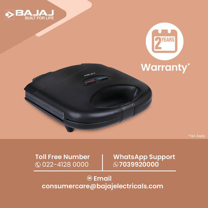 Bajaj SWX 3 Deluxe 800W 2-Slice Sandwich Toaster with Toast Plates | Non-Stick Coated Plates | Upright Compact Storage | Buckle Clip Handle | 2-Yr Warranty by Bajaj 【Black】