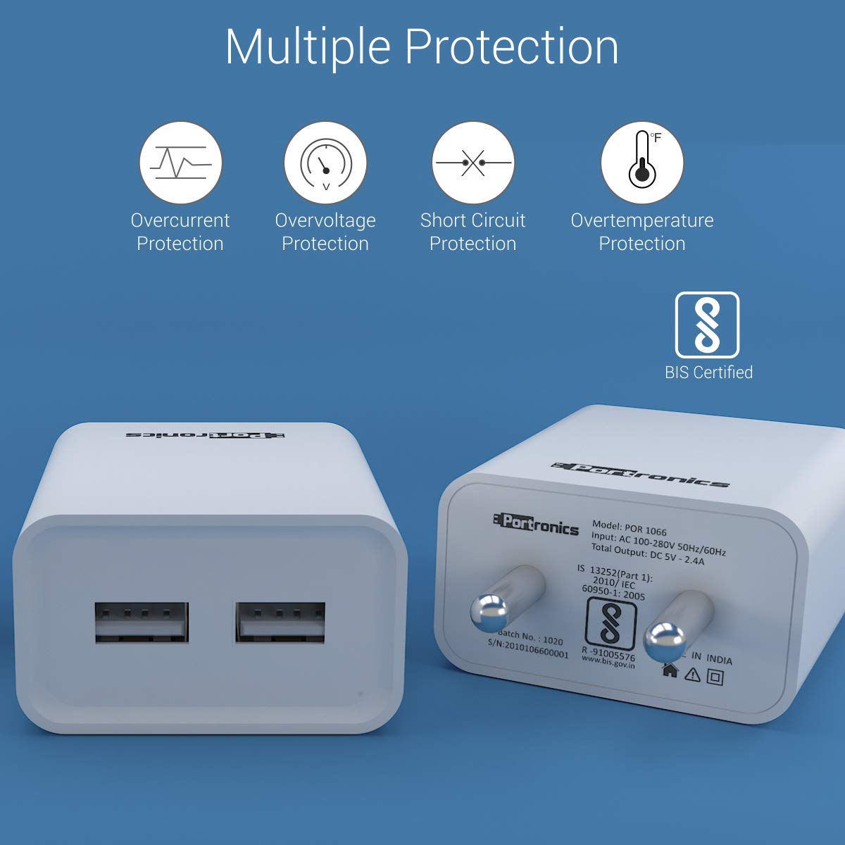 Portronics Adapto 66 2.4 A Charger with Dual USB Ports - White 1.0 Piece