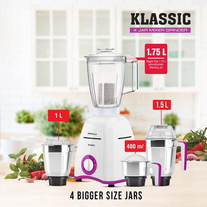 Havells Klassic Mixer Grinder, 4 Jars, 750W, Stainless Steel (Black) 1.0 unit